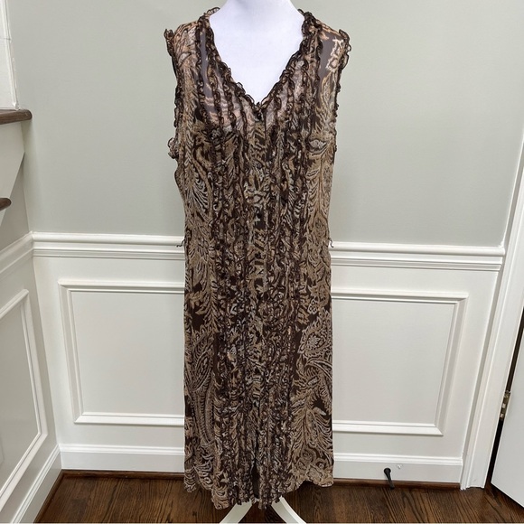 Oscar de la Renta Brown and Tan Midi Dress Size 14 - Picture 2 of 9